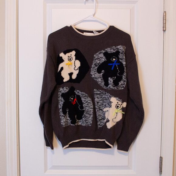 Kawaii VTG Bear Sweater AJ Friends Ribbon Cozy 90s Wool Blend M | Soft Autumn - Picture 10 of 10